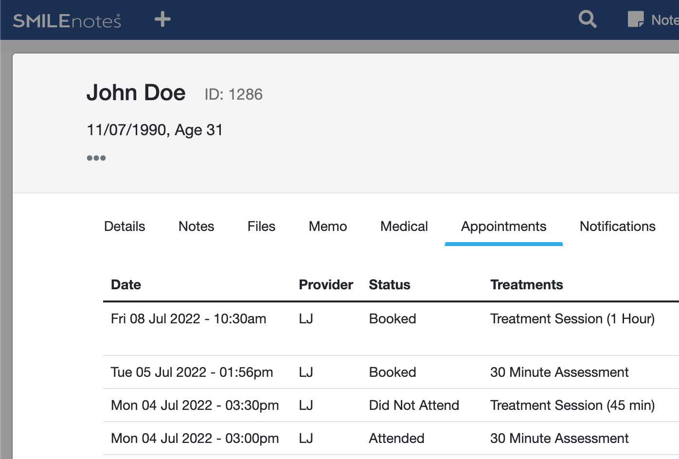 Smilenotes - appointment history record.